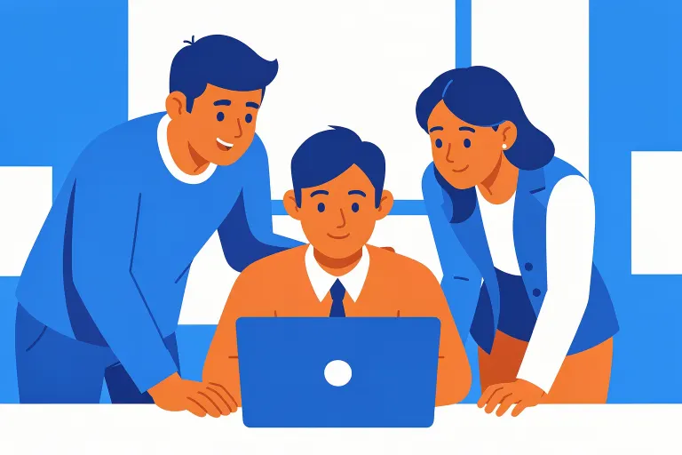FLUX.2 Pro's image for “Three people at one laptop, flat vector”