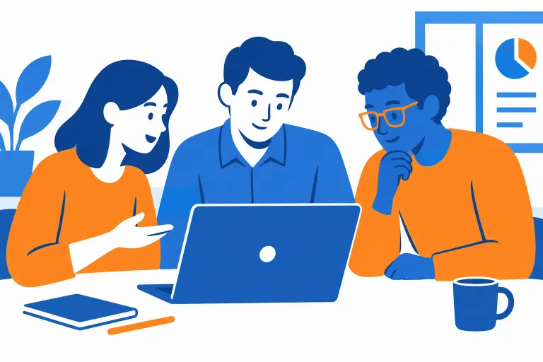 GPT Image 2.5 Flare's image for “Three people at one laptop, flat vector”