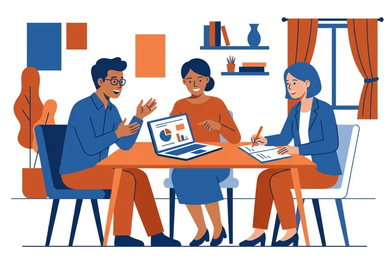 Nano Banana 2's image for “Three people at one laptop, flat vector”