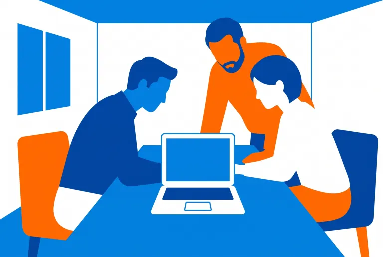 Nano Banana Pro's image for “Three people at one laptop, flat vector”