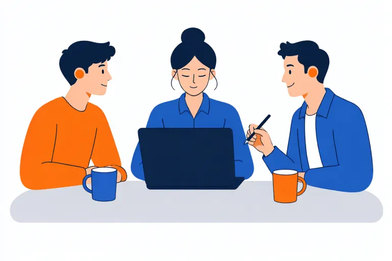 Qwen-Image 2.1's image for “Three people at one laptop, flat vector”