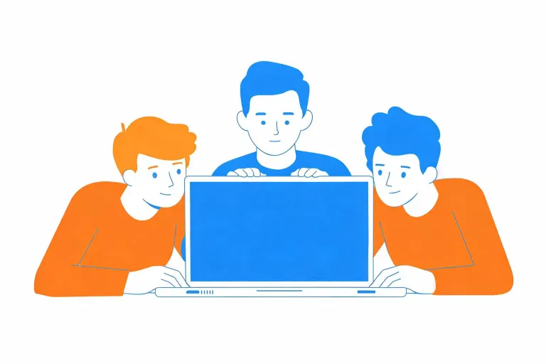 Seedream 5.0 Lite's image for “Three people at one laptop, flat vector”