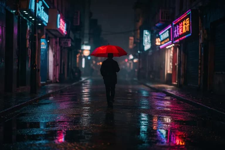 FLUX.2 Pro's image for “A rainy street at night, one red umbrella”