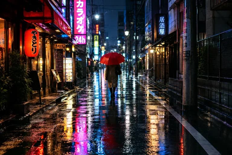 GPT Image 2.5 Flare's image for “A rainy street at night, one red umbrella”