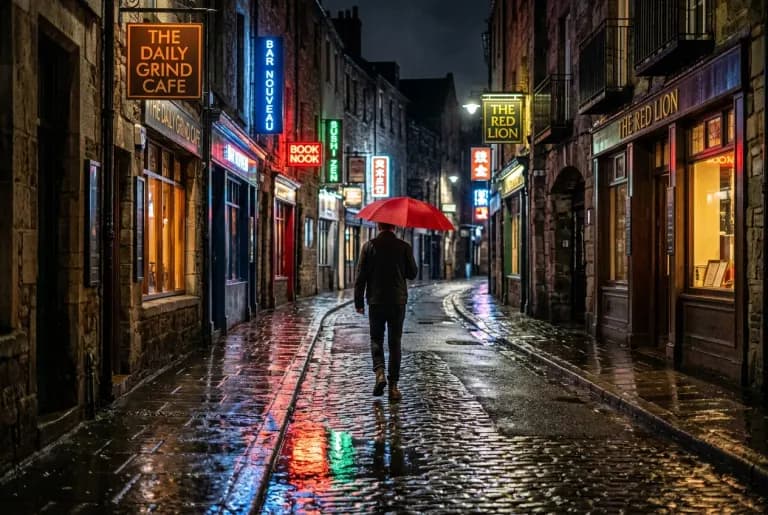 Nano Banana 2's image for “A rainy street at night, one red umbrella”