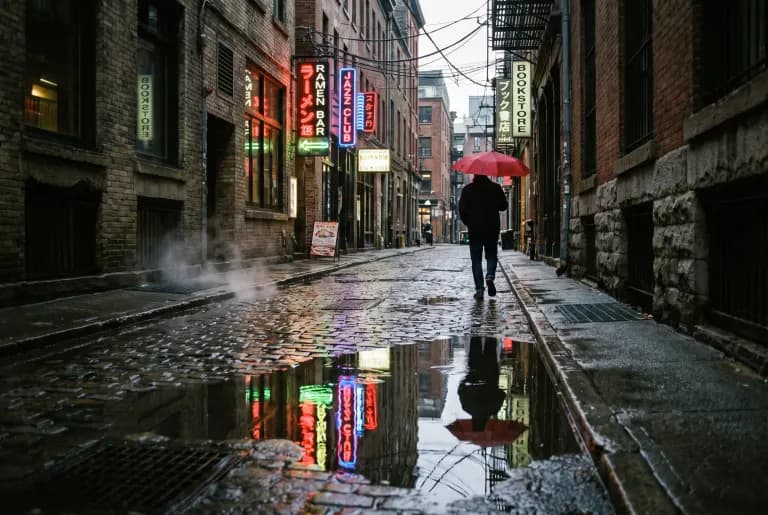 Nano Banana Pro's image for “A rainy street at night, one red umbrella”