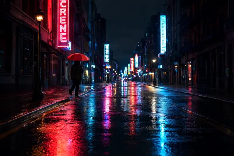 Qwen-Image 2.1's image for “A rainy street at night, one red umbrella”