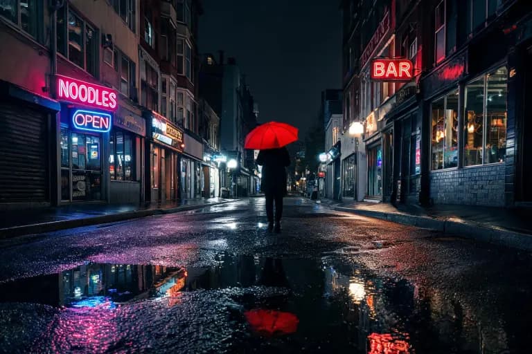 Seedream 5.0 Lite's image for “A rainy street at night, one red umbrella”