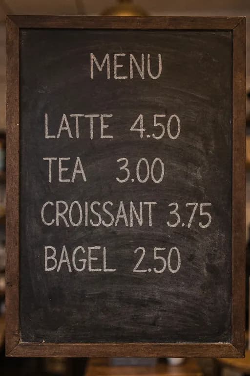 FLUX.2 Pro's image for “A café menu board with four prices”