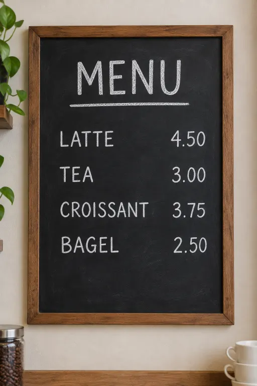 GPT Image 2.5 Flare's image for “A café menu board with four prices”