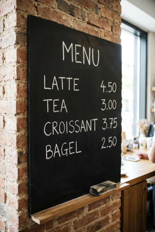 Nano Banana 2's image for “A café menu board with four prices”