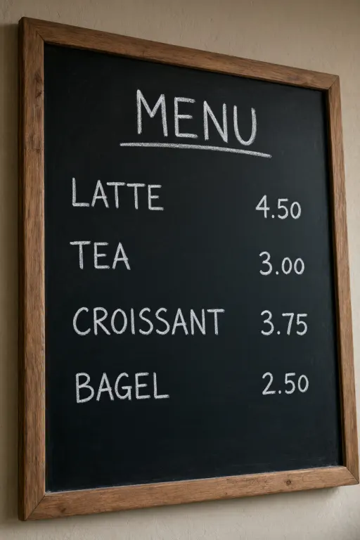 Qwen-Image 2.1's image for “A café menu board with four prices”