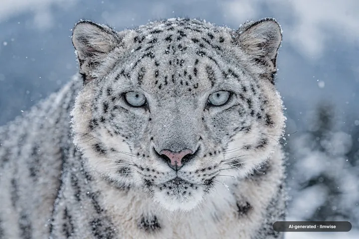 A sample made with FLUX.2 Pro: Close-up wildlife photograph of a snow leopard in falling snow, pale piercing eyes, thick spotted fur dusted with flakes, shallow depth of field