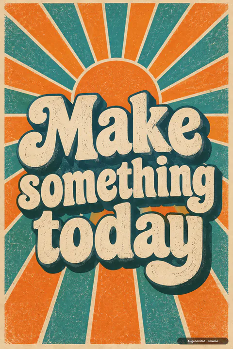 A sample made with GPT Image 2.5 Sunburst: A hand-lettered poster that reads 'Make something today' in bold retro type, a sunburst background in orange and teal, screen-printed paper texture