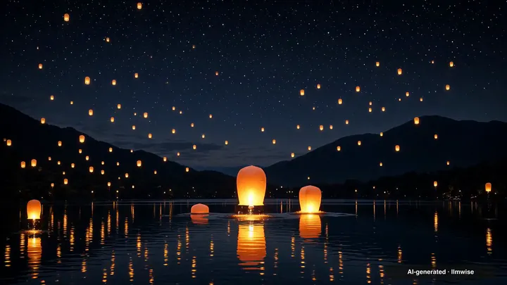 A sample made with Grok Imagine Video 1.5: Hundreds of glowing paper sky lanterns rising slowly over a calm mountain lake at night, their warm reflections shimmering on the water, a slow upward tilt toward the stars, soft wind and a distant bamboo flute