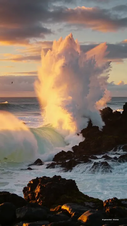 A sample made with Kling 2.5 Turbo Pro: Powerful waves crashing over black volcanic rocks at sunset, spray glowing orange in the backlight, slow motion, the deep roar of the surf