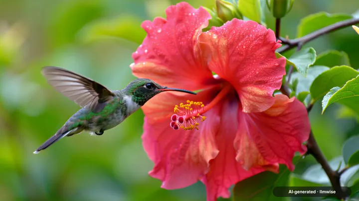 A sample made with Kling 2.6: A hummingbird hovering beside a red hibiscus flower in slow motion, its wings a soft blur, droplets glistening on the petals, a lush green garden behind, the gentle buzz of wings and birdsong