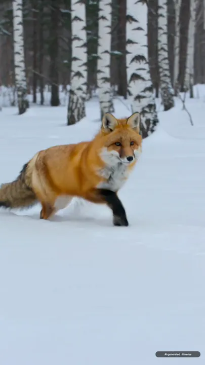 A sample made with Kling 3.0: A red fox trotting through fresh snow in a birch forest, snowflakes drifting down, low tracking shot at the fox's height, soft crunch of snow