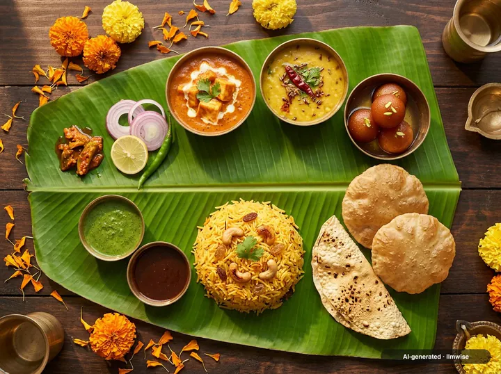 A sample made with Nano Banana 2.1: Overhead food photograph of a festive Indian thali on a fresh banana leaf: saffron rice, dal, paneer curry, crisp papad, chutneys and gulab jamun in small brass bowls, scattered marigold petals, warm natural light