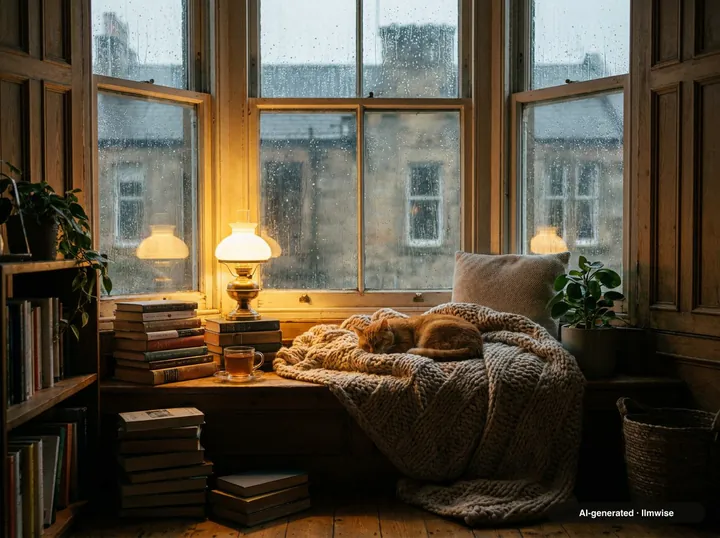 A sample made with Nano Banana Pro: A cozy reading nook built into a bay window, rain on the glass, warm lamplight, stacked books and a sleeping ginger cat on a knitted blanket, cinematic still