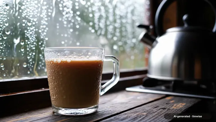 A sample made with Veo 3.1 Fast: Steam rising from a glass of masala chai on a wooden windowsill while rain streaks the window, shallow depth of field, soft rain and a kettle whistling in the background