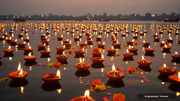 A sample made with Wan 3.0 Prime: Hundreds of small clay oil lamps floating on a wide river at dusk during a festival, marigold petals drifting between them, warm golden reflections on the dark water, a slow dolly forward at water level, soft temple bells and gently lapping water